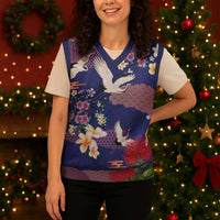 Hawaiian and Japanese Culture Together Christmas Knitted V-Neck Vest Blue Ohia Lehua Plumeria and Sakura Blooming - Polynesian Pride