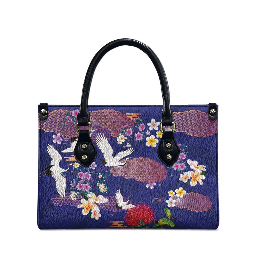 Hawaiian and Japanese Culture Together Leather Bag Blue Ohia Lehua Plumeria and Sakura Blooming - Polynesian Pride