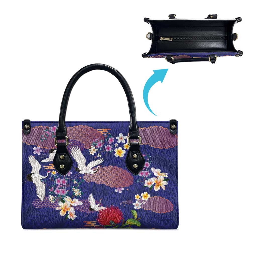 Hawaiian and Japanese Culture Together Leather Bag Blue Ohia Lehua Plumeria and Sakura Blooming - Polynesian Pride