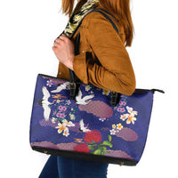Hawaiian and Japanese Culture Together Leather Tote Bag Blue Ohia Lehua Plumeria and Sakura Blooming - Polynesian Pride