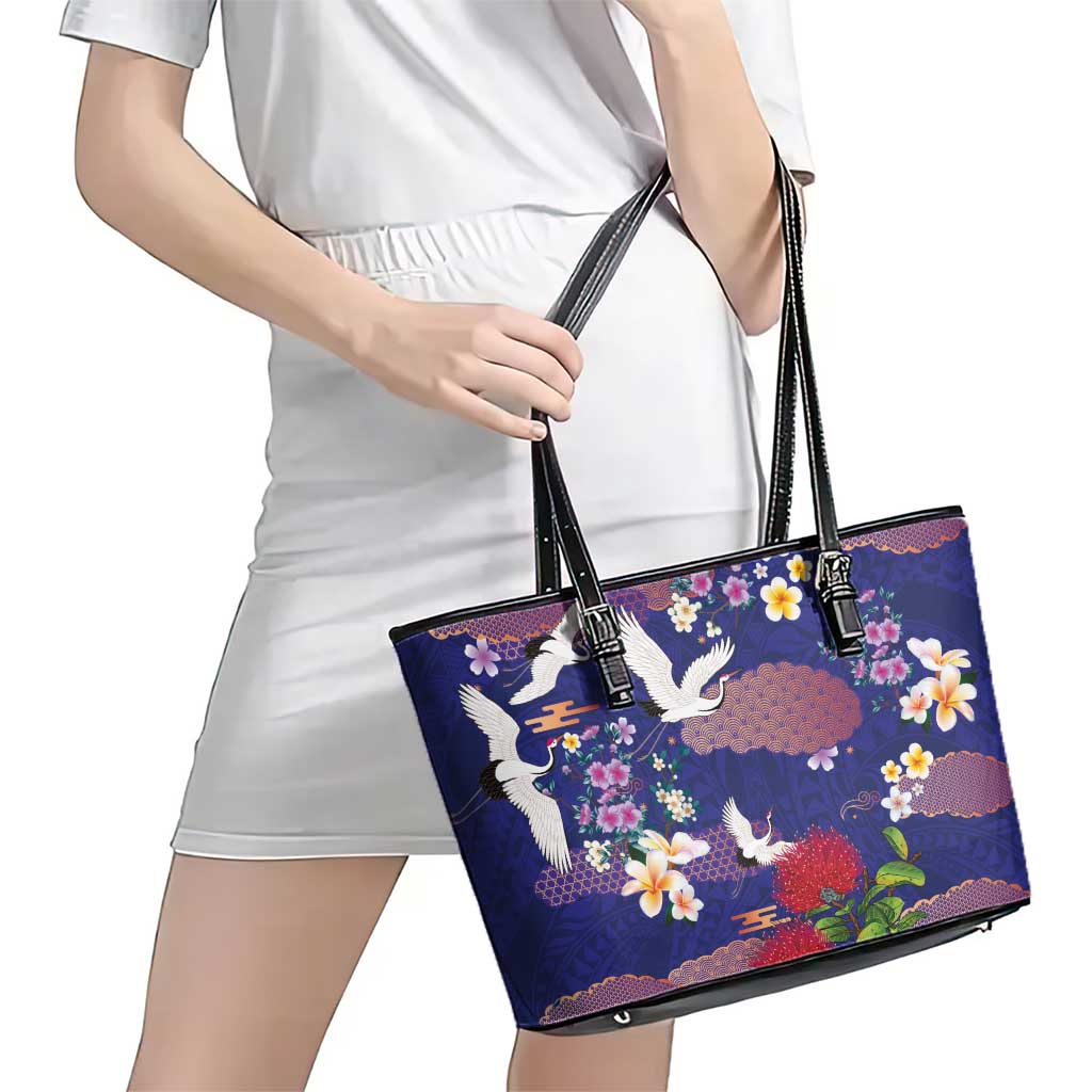 Hawaiian and Japanese Culture Together Leather Tote Bag Blue Ohia Lehua Plumeria and Sakura Blooming - Polynesian Pride
