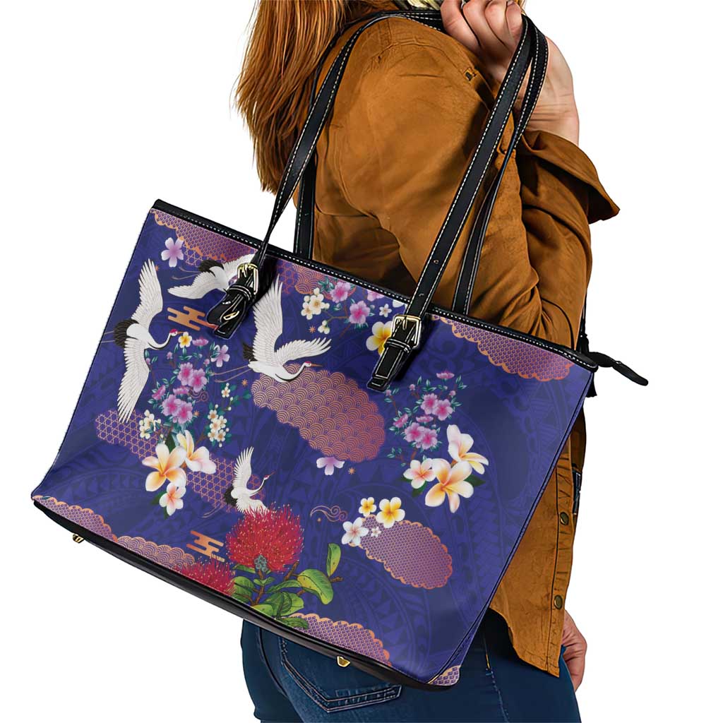 Hawaiian and Japanese Culture Together Leather Tote Bag Blue Ohia Lehua Plumeria and Sakura Blooming - Polynesian Pride