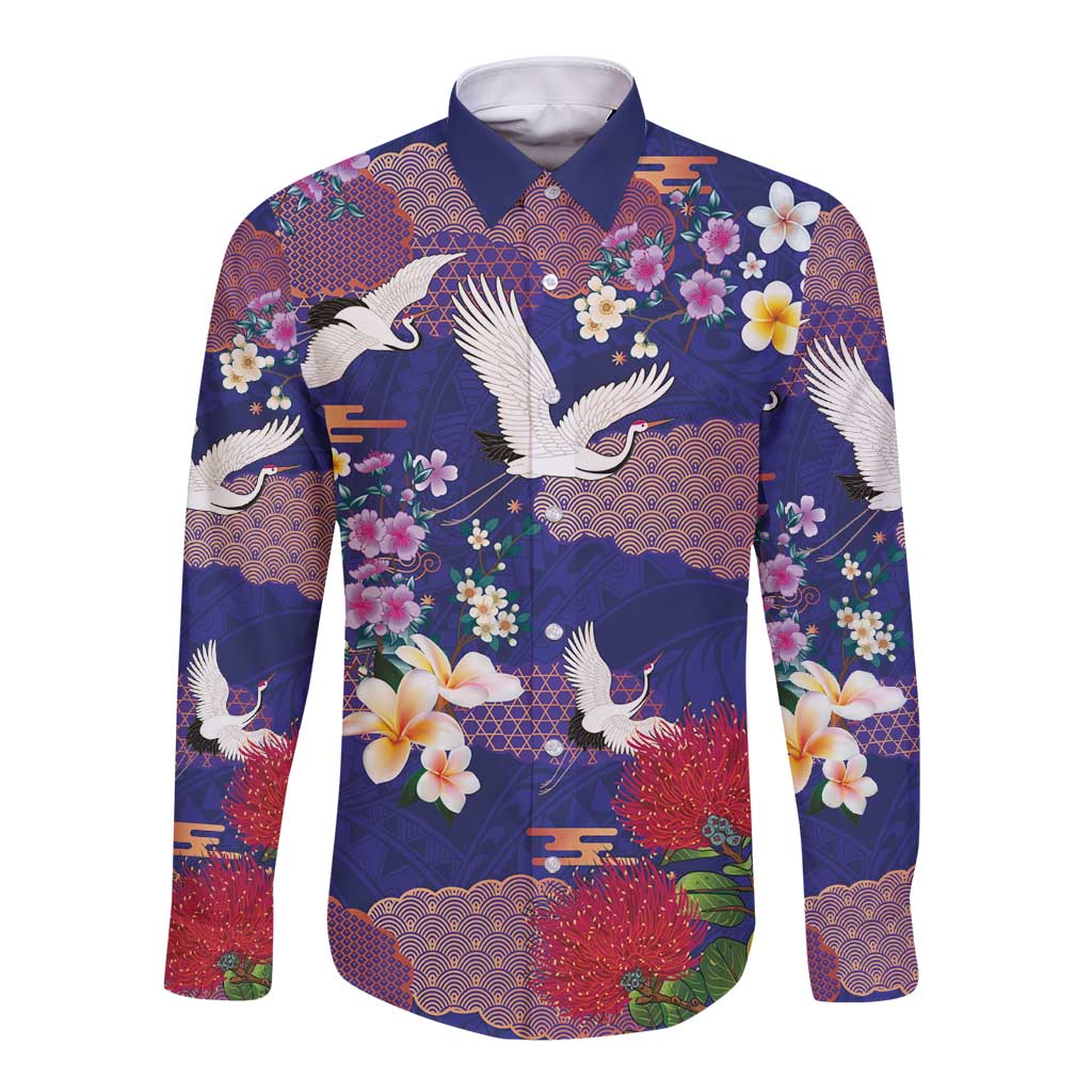 Hawaiian and Japanese Culture Together Long Sleeve Button Shirt Blue Ohia Lehua Plumeria and Sakura Blooming - Polynesian Pride
