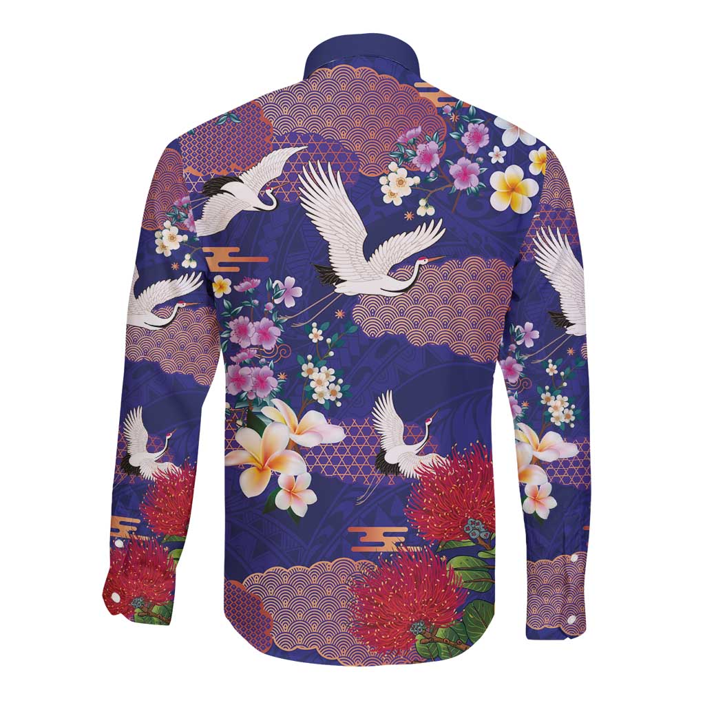 Hawaiian and Japanese Culture Together Long Sleeve Button Shirt Blue Ohia Lehua Plumeria and Sakura Blooming - Polynesian Pride