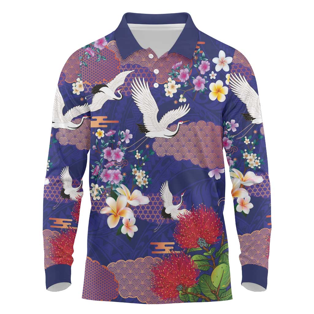 Hawaiian and Japanese Culture Together Long Sleeve Polo Shirt Blue Ohia Lehua Plumeria and Sakura Blooming - Polynesian Pride