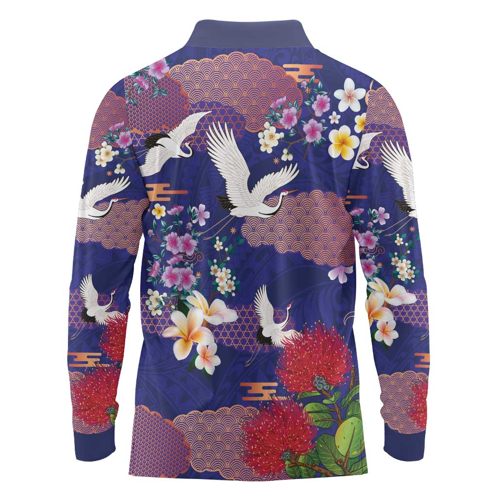 Hawaiian and Japanese Culture Together Long Sleeve Polo Shirt Blue Ohia Lehua Plumeria and Sakura Blooming - Polynesian Pride
