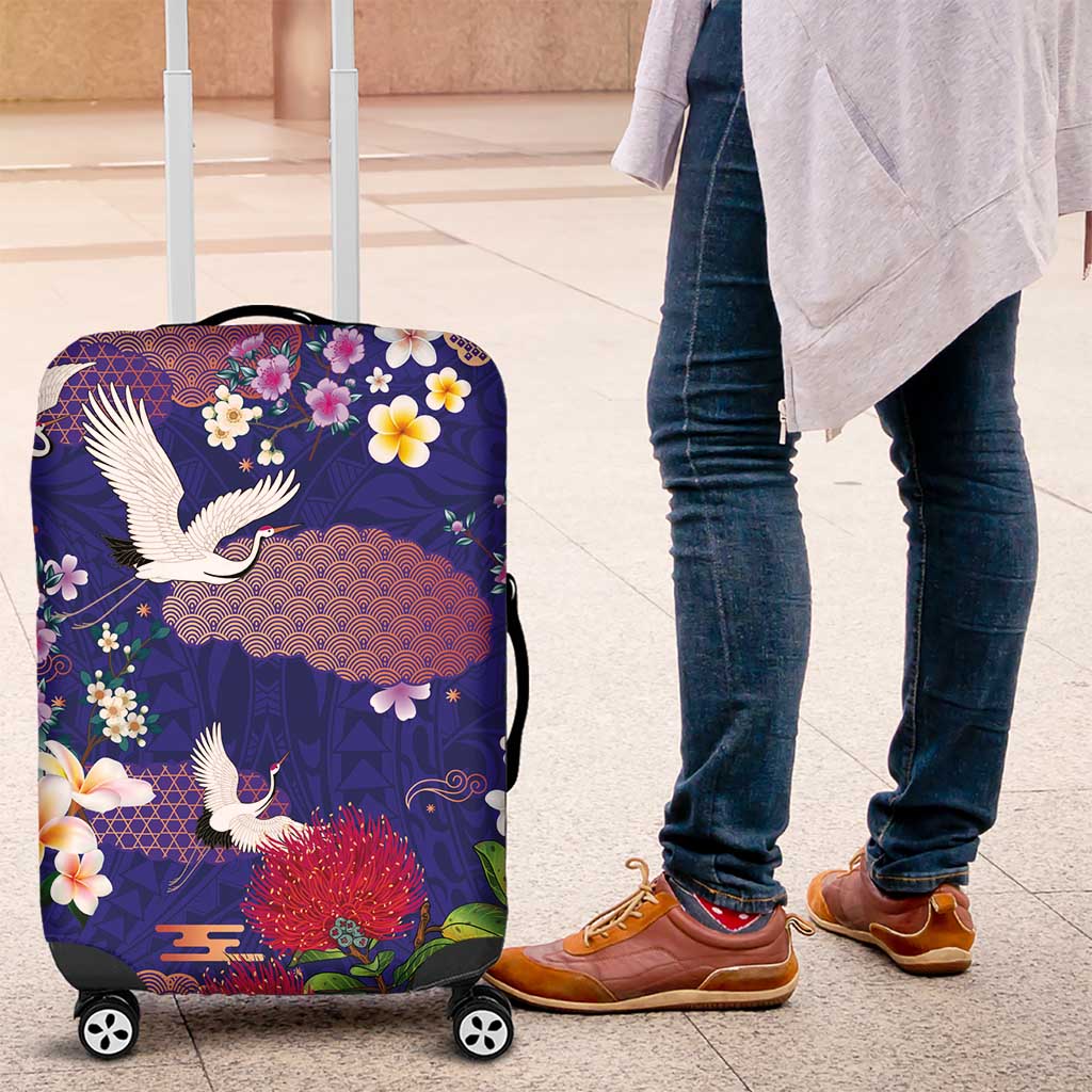 Hawaiian and Japanese Culture Together Luggage Cover Blue Ohia Lehua Plumeria and Sakura Blooming - Polynesian Pride