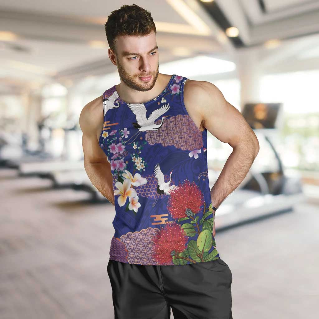 Hawaiian and Japanese Culture Together Men Tank Top Blue Ohia Lehua Plumeria and Sakura Blooming - Polynesian Pride