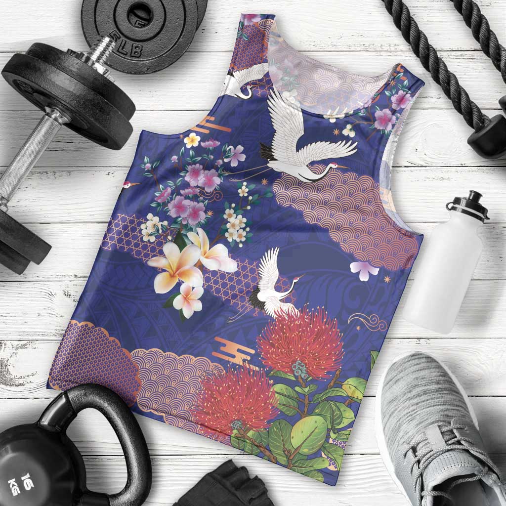 Hawaiian and Japanese Culture Together Men Tank Top Blue Ohia Lehua Plumeria and Sakura Blooming - Polynesian Pride