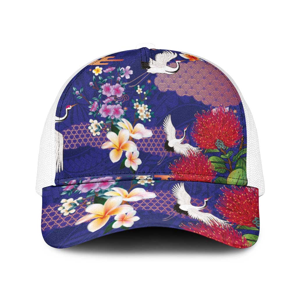 Hawaiian and Japanese Culture Together Mesh Trucker Cap Blue Ohia Lehua Plumeria and Sakura Blooming - Polynesian Pride