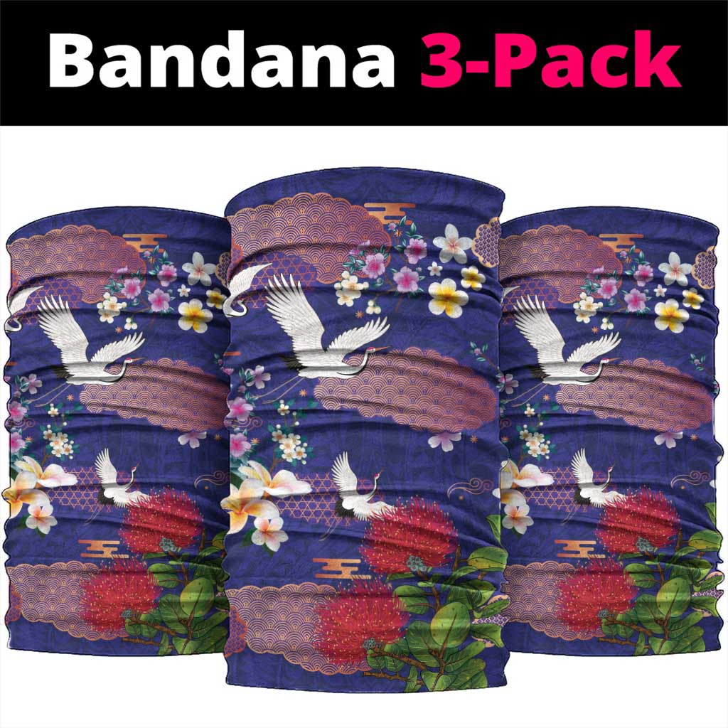 Hawaiian and Japanese Culture Together Neck Gaiter Blue Ohia Lehua Plumeria and Sakura Blooming - Polynesian Pride