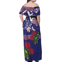Hawaiian and Japanese Culture Together Off Shoulder Maxi Dress Blue Ohia Lehua Plumeria and Sakura Blooming - Polynesian Pride