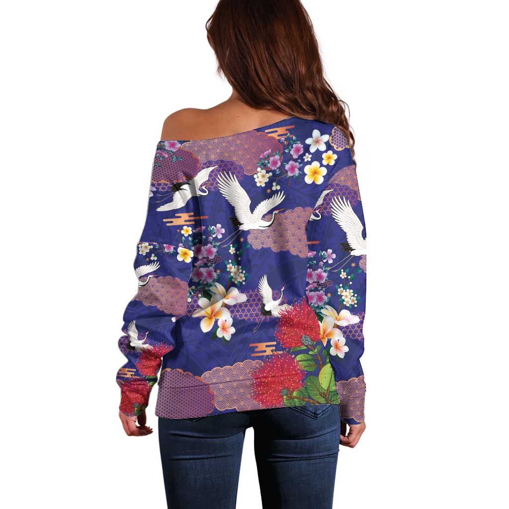 Hawaiian and Japanese Culture Together Off Shoulder Sweater Blue Ohia Lehua Plumeria and Sakura Blooming - Polynesian Pride