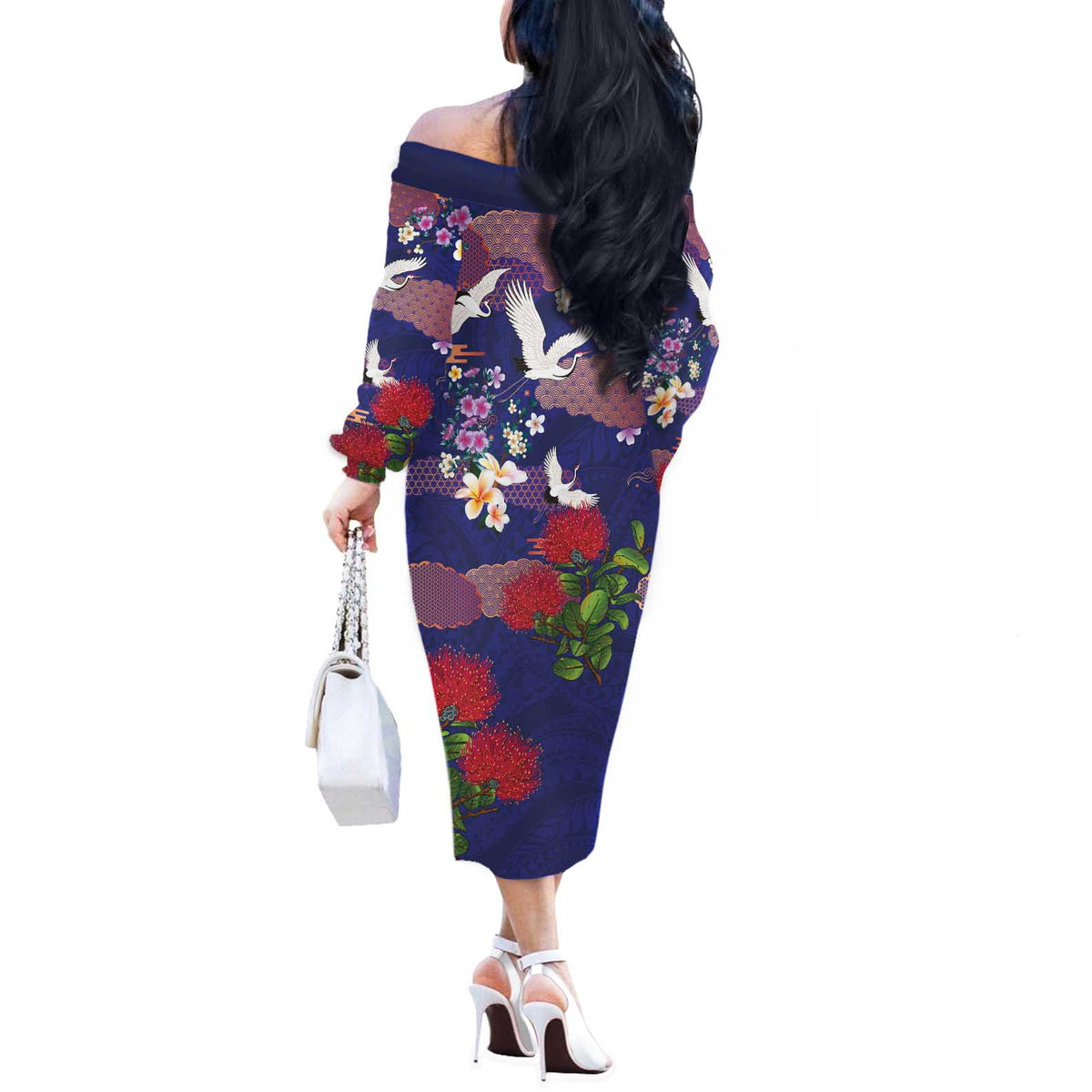 Hawaiian and Japanese Culture Together Off The Shoulder Long Sleeve Dress Blue Ohia Lehua Plumeria and Sakura Blooming - Polynesian Pride