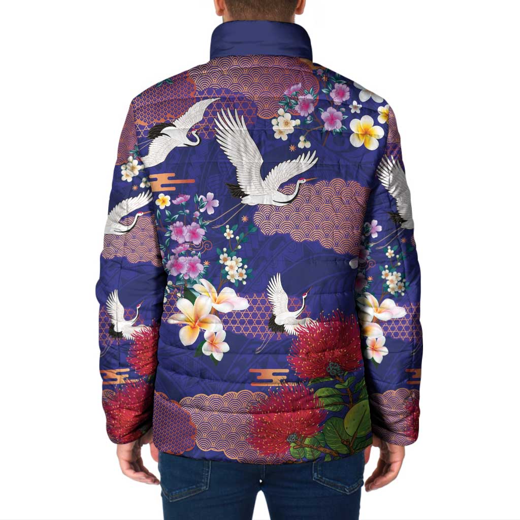 Hawaiian and Japanese Culture Together Padded Jacket Blue Ohia Lehua Plumeria and Sakura Blooming - Polynesian Pride