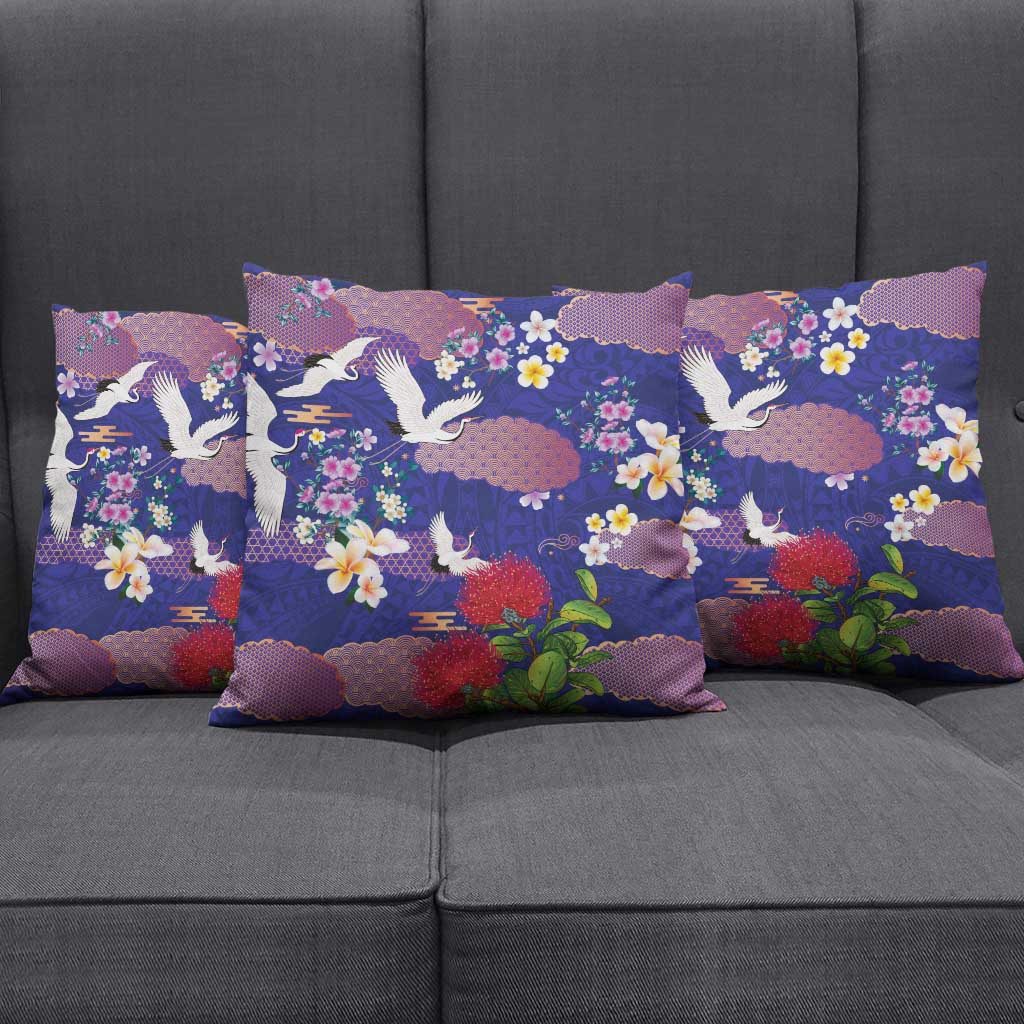 Hawaiian and Japanese Culture Together Pillow Cover Blue Ohia Lehua Plumeria and Sakura Blooming - Polynesian Pride