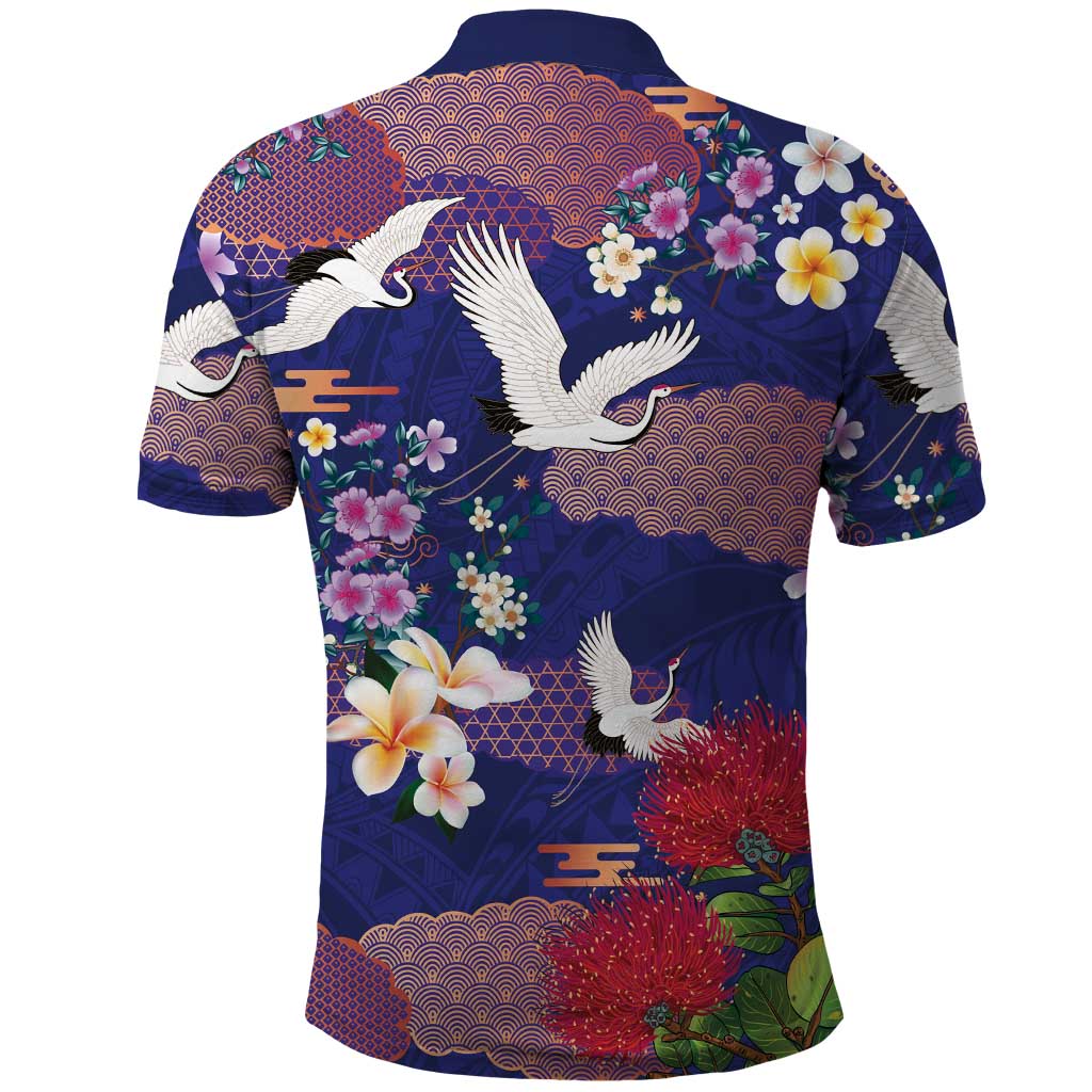 Hawaiian and Japanese Culture Together Polo Shirt Blue Ohia Lehua Plumeria and Sakura Blooming - Polynesian Pride