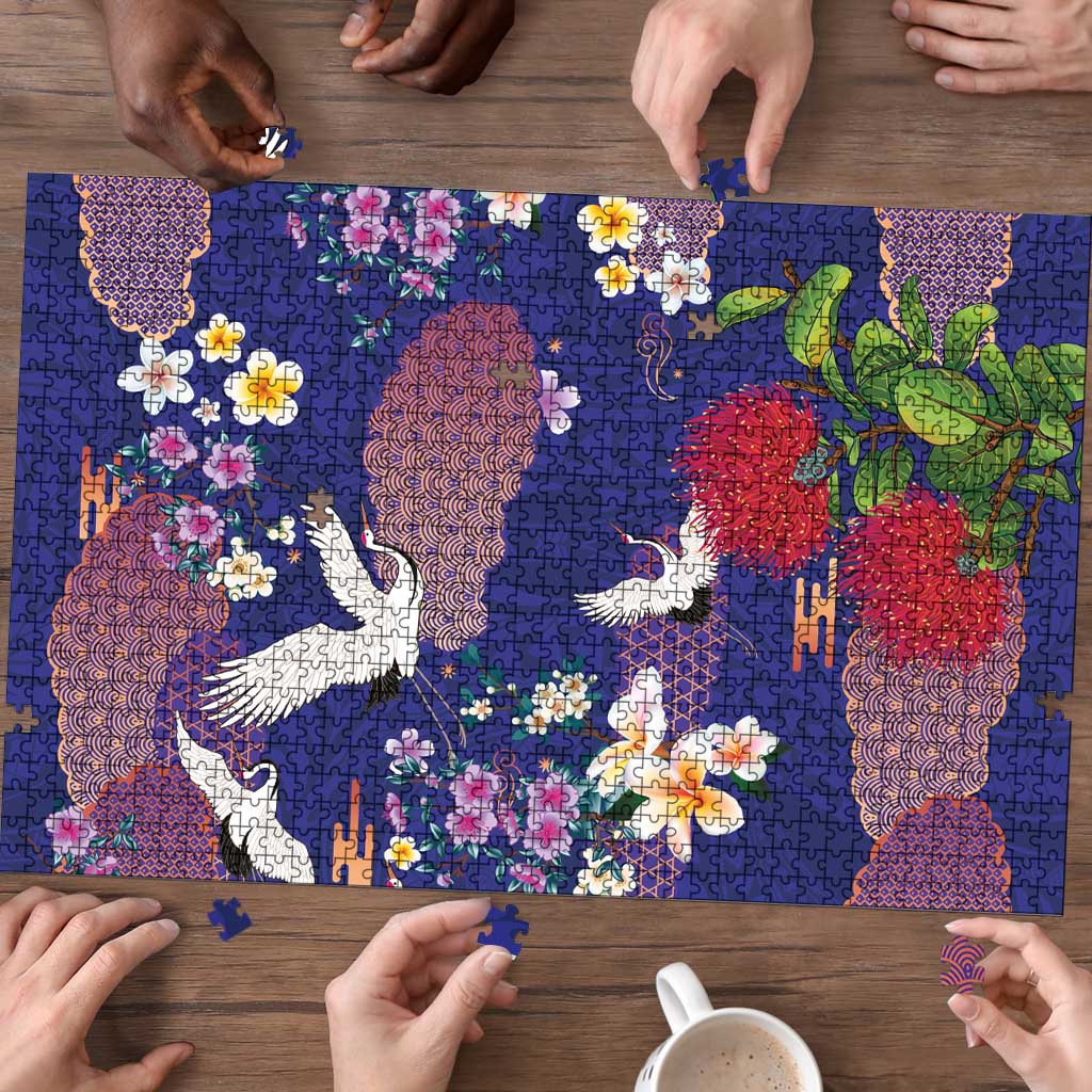 Hawaiian and Japanese Culture Together Puzzle Blue Ohia Lehua Plumeria and Sakura Blooming - Polynesian Pride