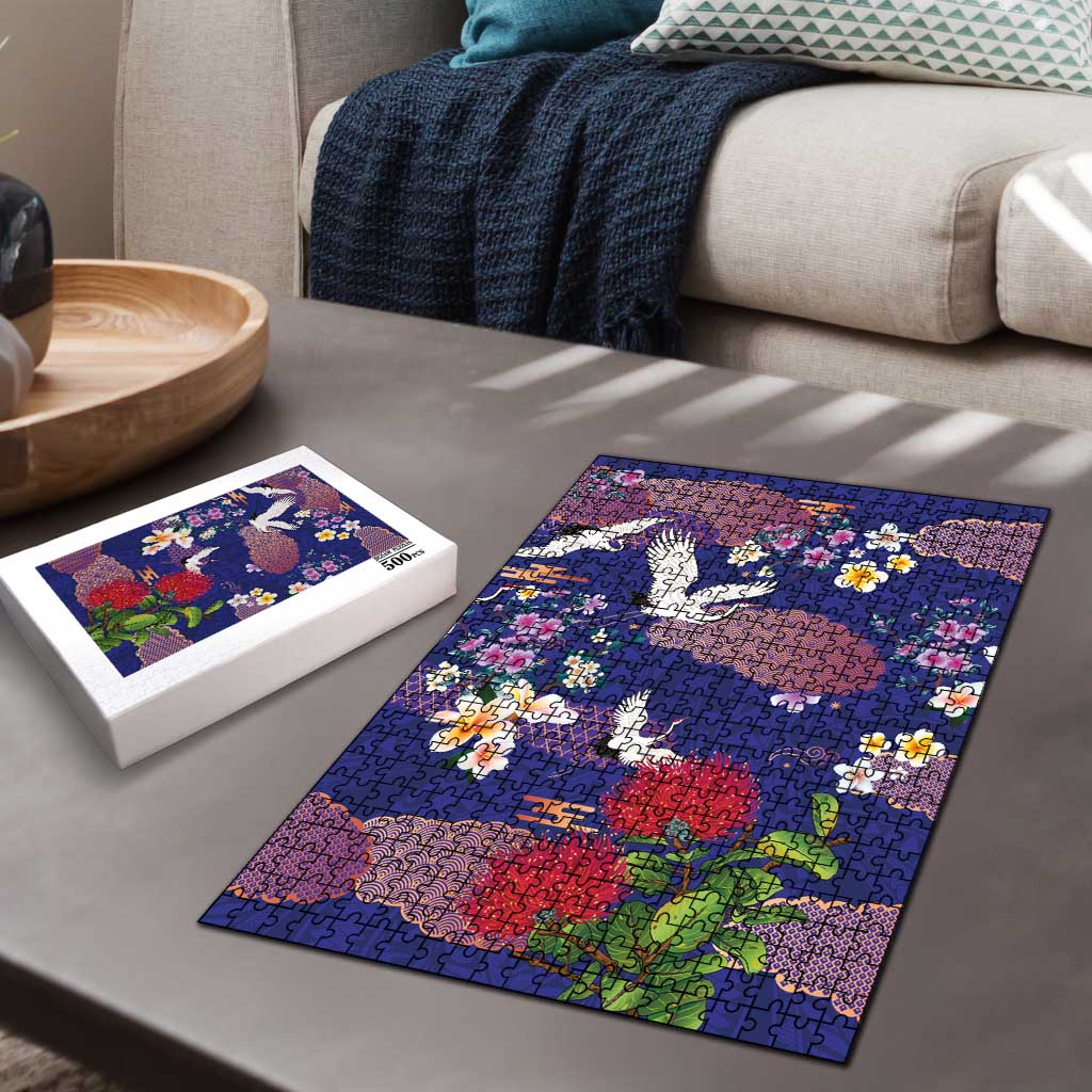 Hawaiian and Japanese Culture Together Puzzle Blue Ohia Lehua Plumeria and Sakura Blooming - Polynesian Pride