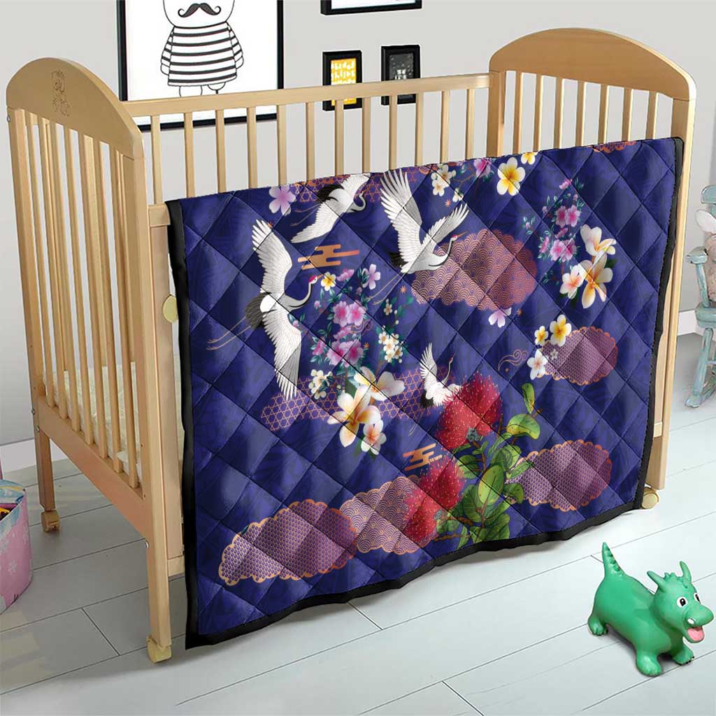Hawaiian and Japanese Culture Together Quilt Blue Ohia Lehua Plumeria and Sakura Blooming - Polynesian Pride