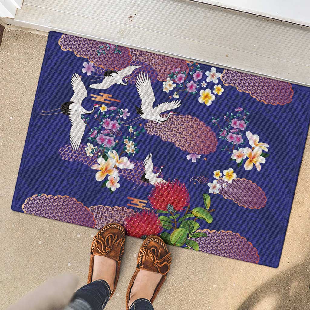 Hawaiian and Japanese Culture Together Rubber Doormat Blue Ohia Lehua Plumeria and Sakura Blooming - Polynesian Pride