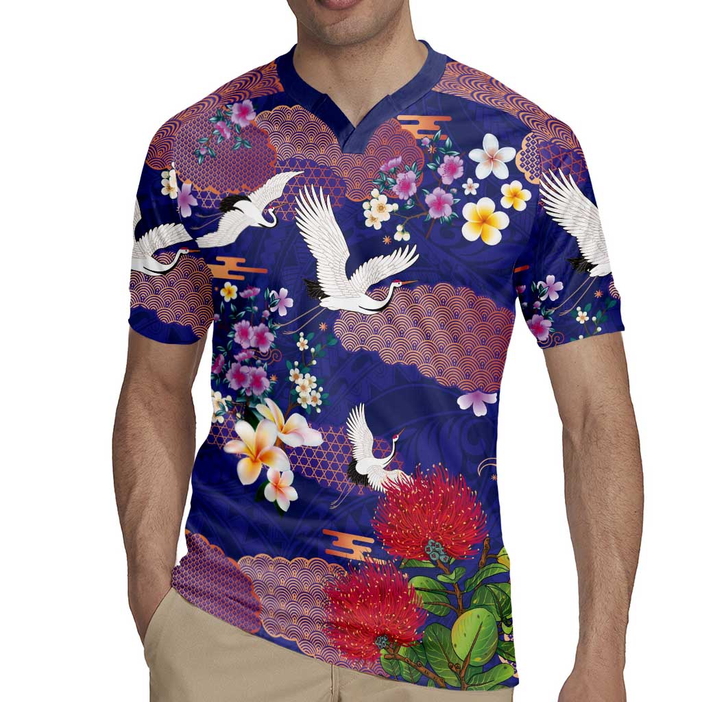 Hawaiian and Japanese Culture Together Rugby Jersey Blue Ohia Lehua Plumeria and Sakura Blooming - Polynesian Pride