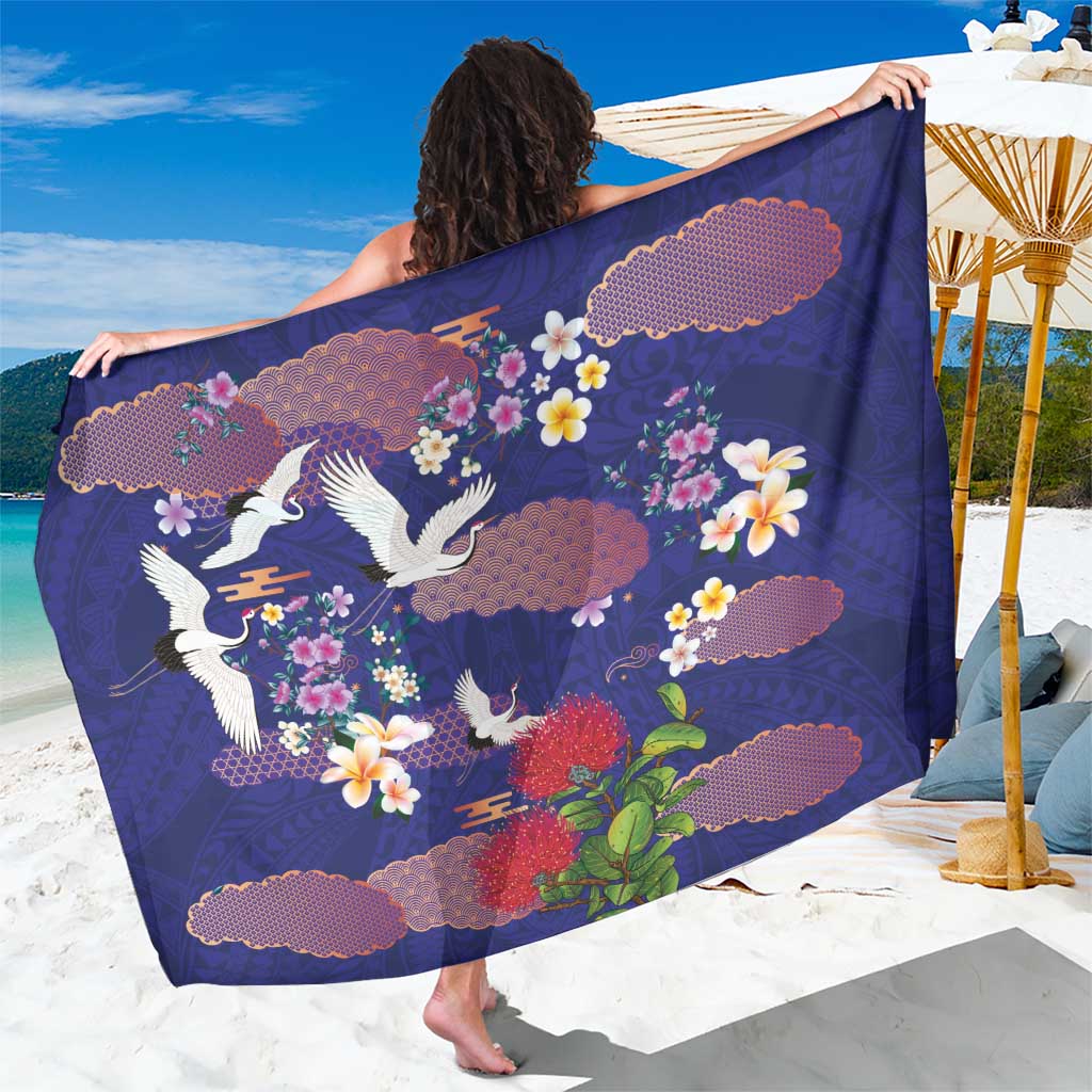 Hawaiian and Japanese Culture Together Sarong Blue Ohia Lehua Plumeria and Sakura Blooming - Polynesian Pride