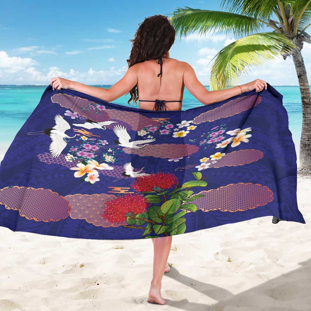 Hawaiian and Japanese Culture Together Sarong Blue Ohia Lehua Plumeria and Sakura Blooming - Polynesian Pride