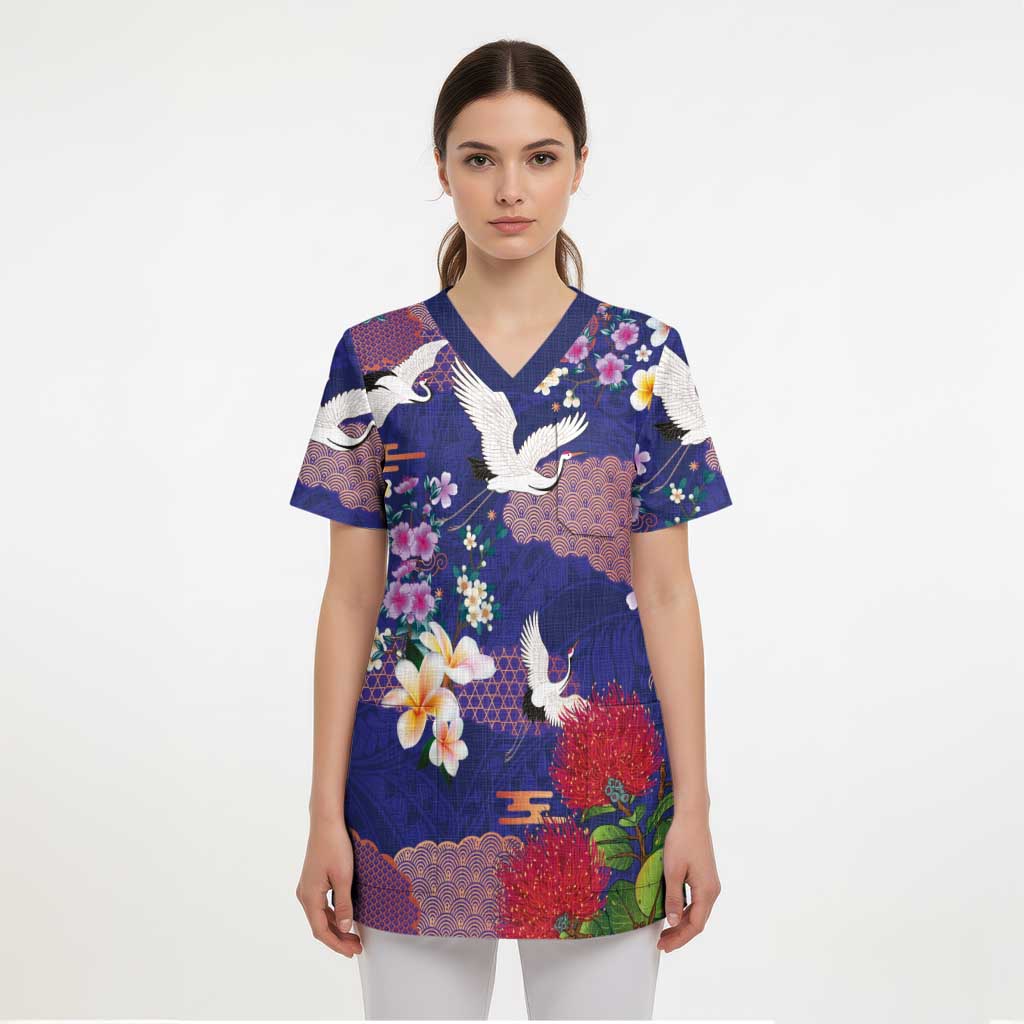 Hawaiian and Japanese Culture Together Scrub Top Blue Ohia Lehua Plumeria and Sakura Blooming - Polynesian Pride