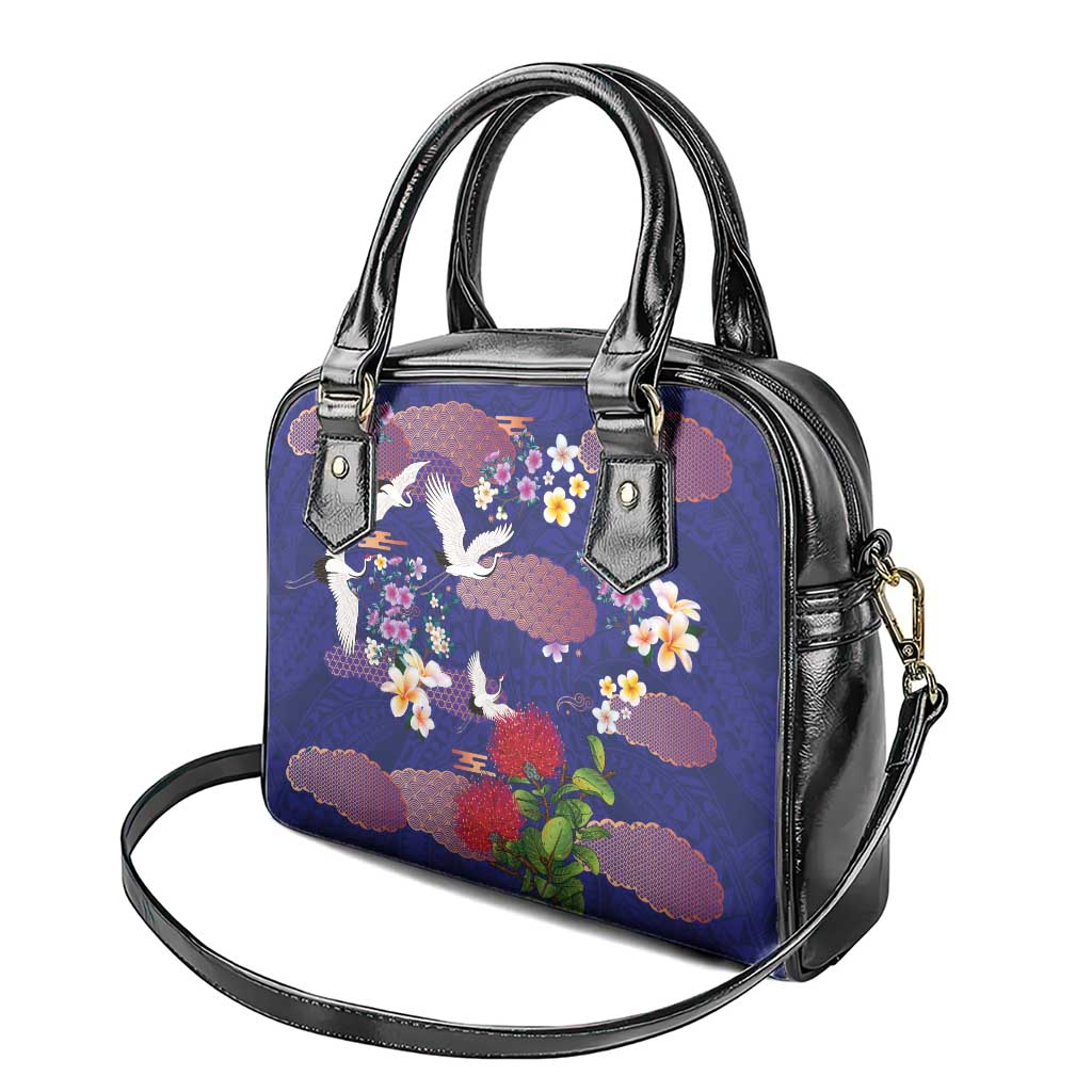 Hawaiian and Japanese Culture Together Shoulder Handbag Blue Ohia Lehua Plumeria and Sakura Blooming - Polynesian Pride