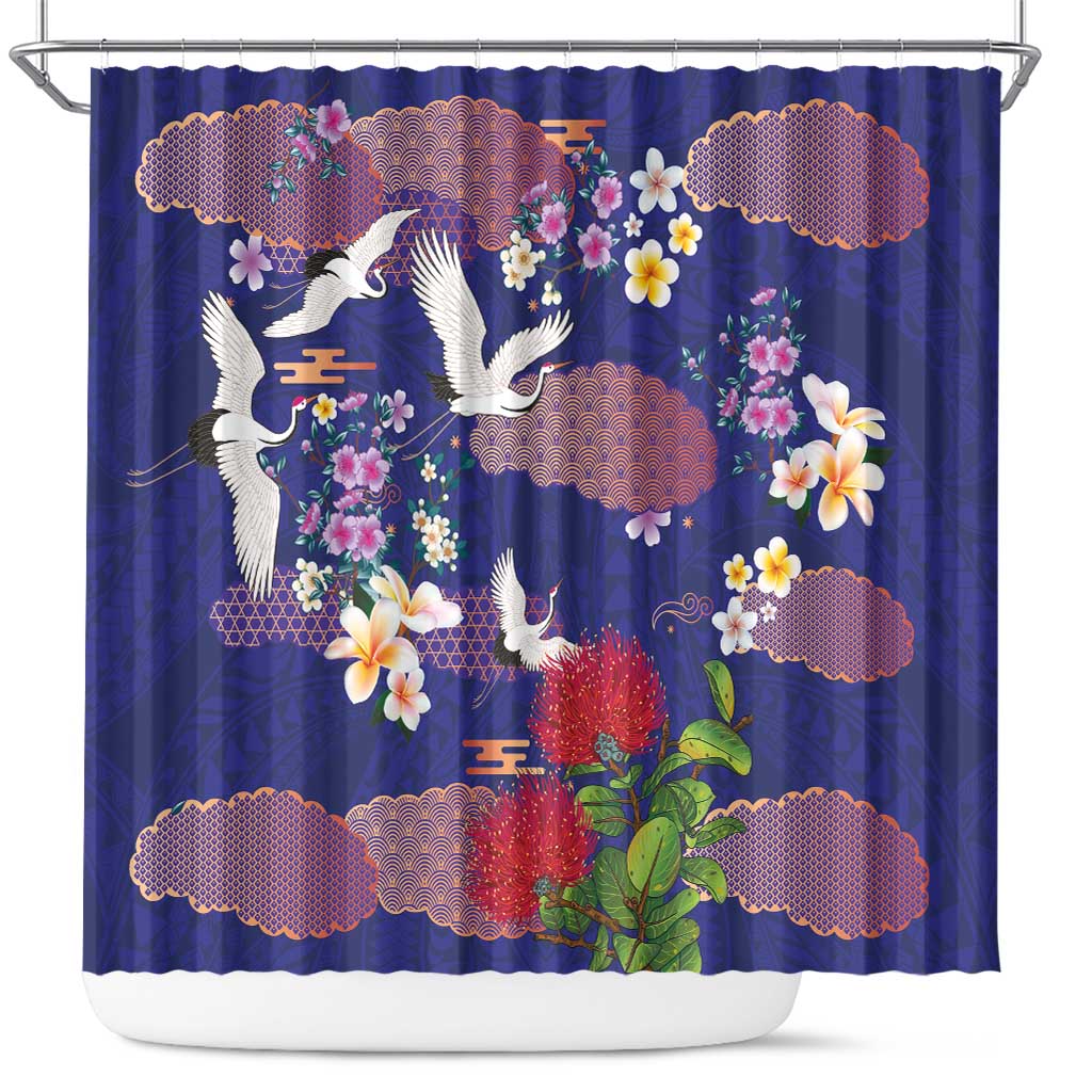 Hawaiian and Japanese Culture Together Shower Curtain Blue Ohia Lehua Plumeria and Sakura Blooming - Polynesian Pride