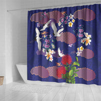 Hawaiian and Japanese Culture Together Shower Curtain Blue Ohia Lehua Plumeria and Sakura Blooming - Polynesian Pride