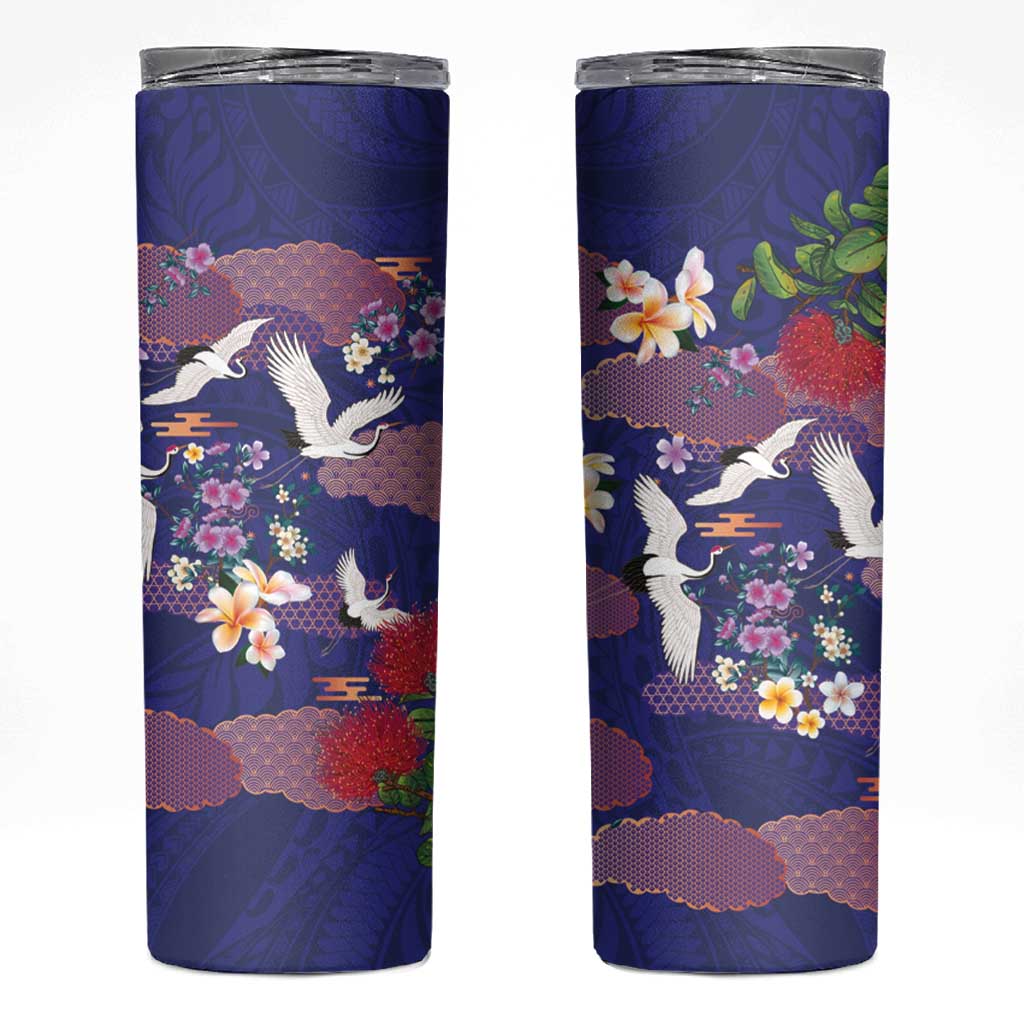 Hawaiian and Japanese Culture Together Skinny Tumbler Blue Ohia Lehua Plumeria and Sakura Blooming - Polynesian Pride