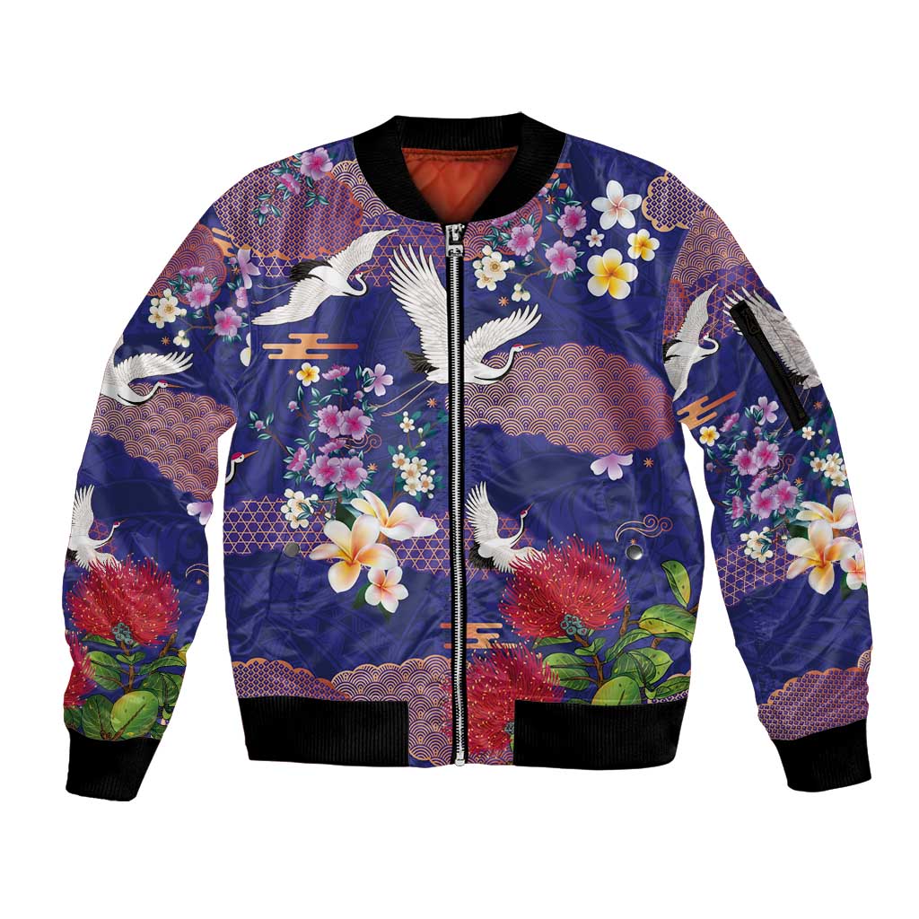 Hawaiian and Japanese Culture Together Sleeve Zip Bomber Jacket Blue Ohia Lehua Plumeria and Sakura Blooming - Polynesian Pride