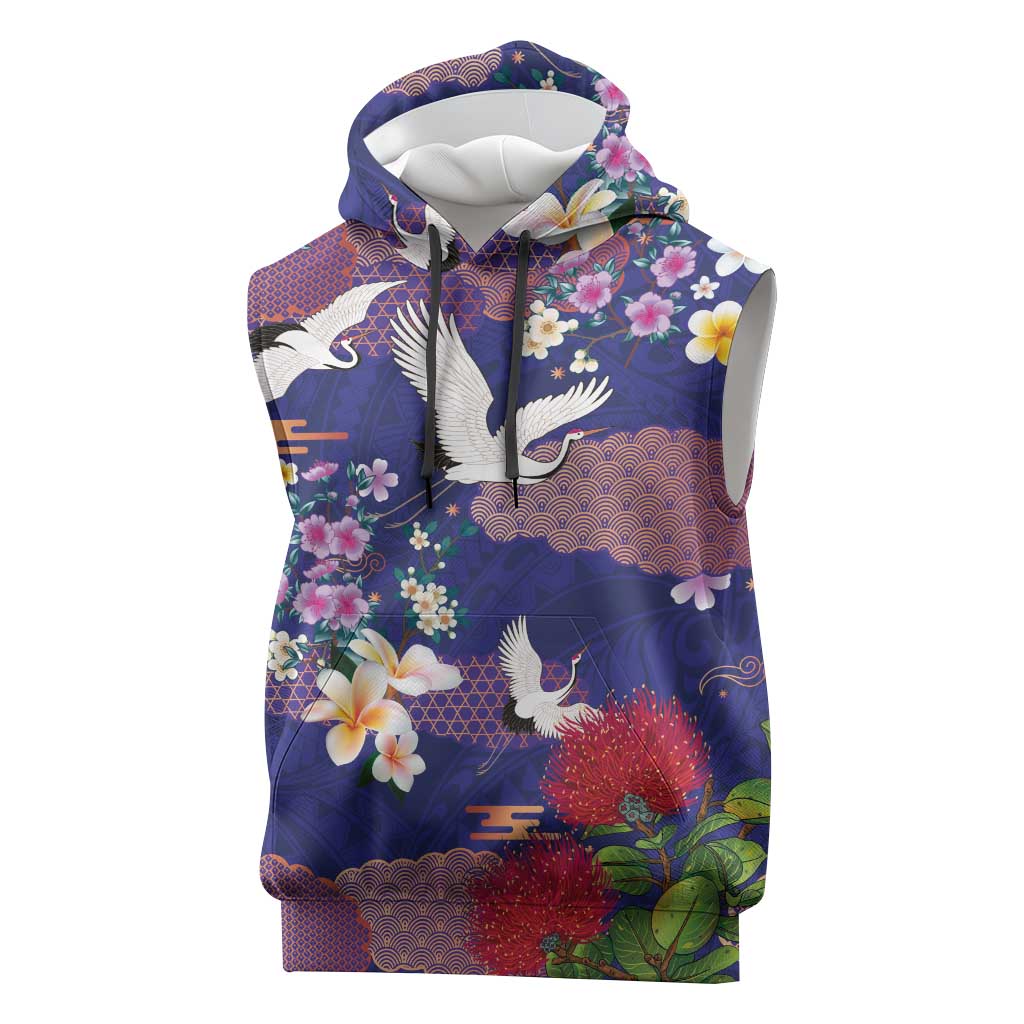 Hawaiian and Japanese Culture Together Sleeveless Hoodie Blue Ohia Lehua Plumeria and Sakura Blooming - Polynesian Pride