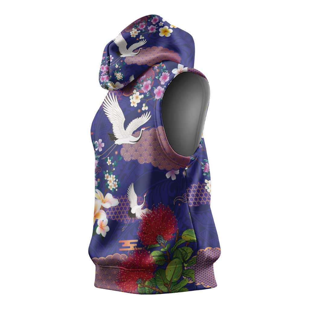 Hawaiian and Japanese Culture Together Sleeveless Hoodie Blue Ohia Lehua Plumeria and Sakura Blooming - Polynesian Pride