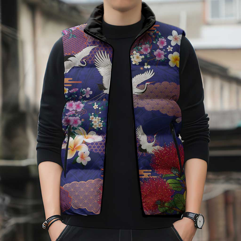Hawaiian and Japanese Culture Together Sleeveless Puffer Jacket Blue Ohia Lehua Plumeria and Sakura Blooming - Polynesian Pride