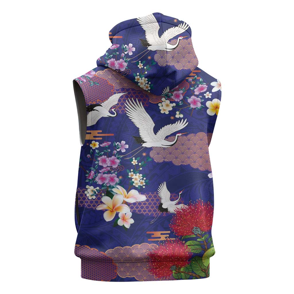Hawaiian and Japanese Culture Together Sleeveless Zip Hoodie Blue Ohia Lehua Plumeria and Sakura Blooming - Polynesian Pride