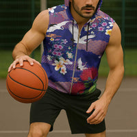 Hawaiian and Japanese Culture Together Sleeveless Zip Hoodie Blue Ohia Lehua Plumeria and Sakura Blooming - Polynesian Pride