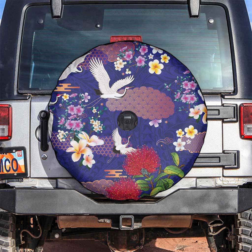 Hawaiian and Japanese Culture Together Spare Tire Cover Blue Ohia Lehua Plumeria and Sakura Blooming - Polynesian Pride