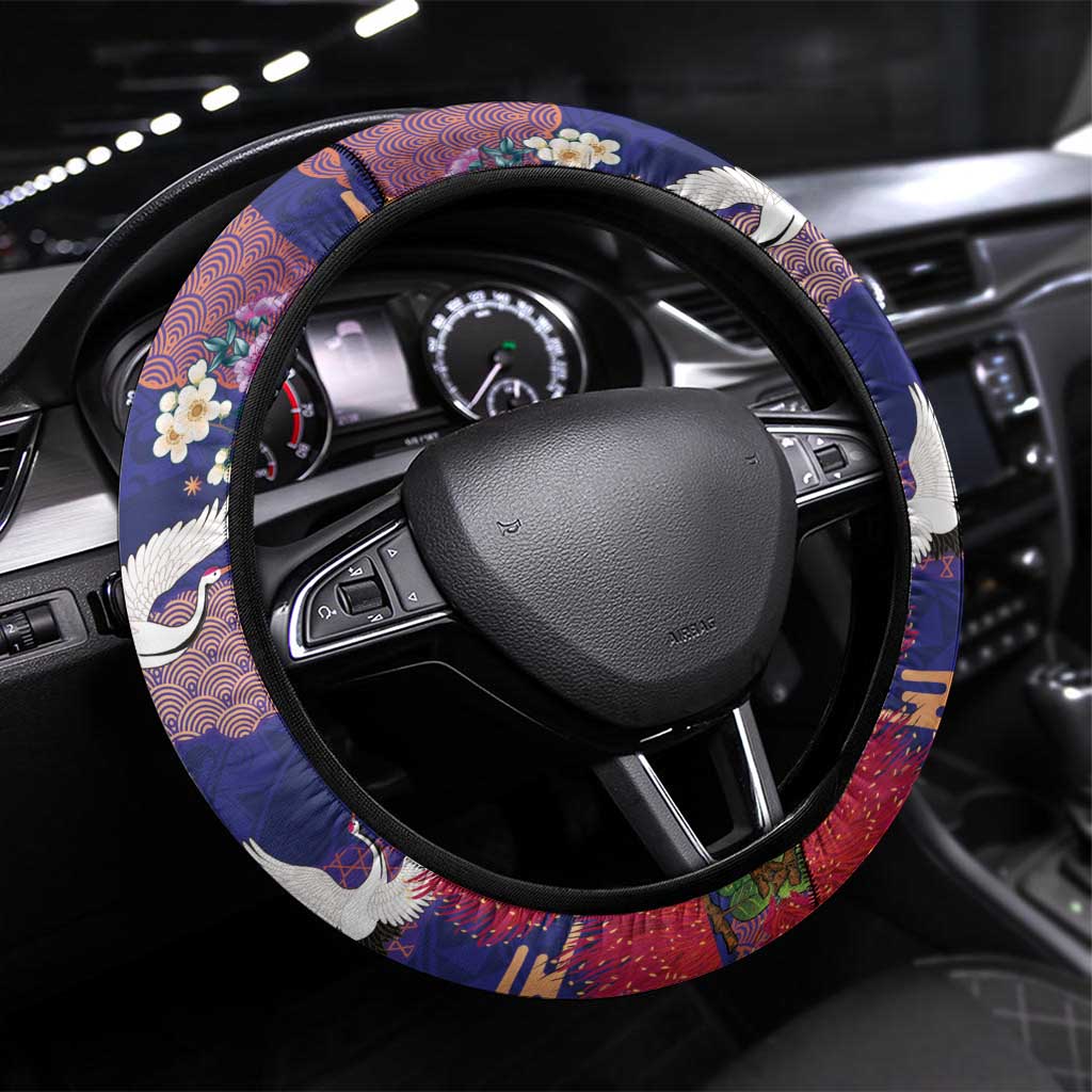 Hawaiian and Japanese Culture Together Steering Wheel Cover Blue Ohia Lehua Plumeria and Sakura Blooming - Polynesian Pride