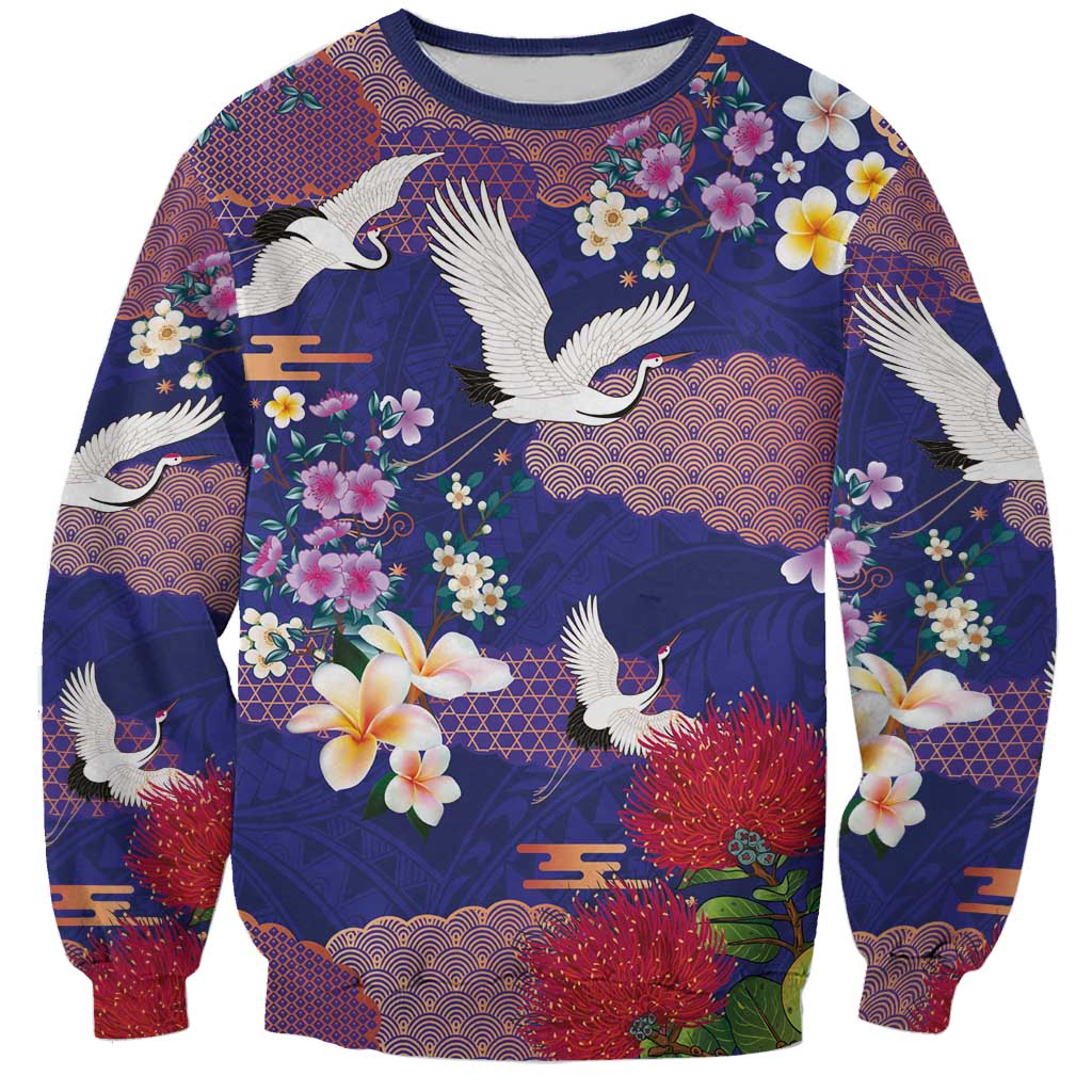 Hawaiian and Japanese Culture Together Sweatshirt Blue Ohia Lehua Plumeria and Sakura Blooming - Polynesian Pride