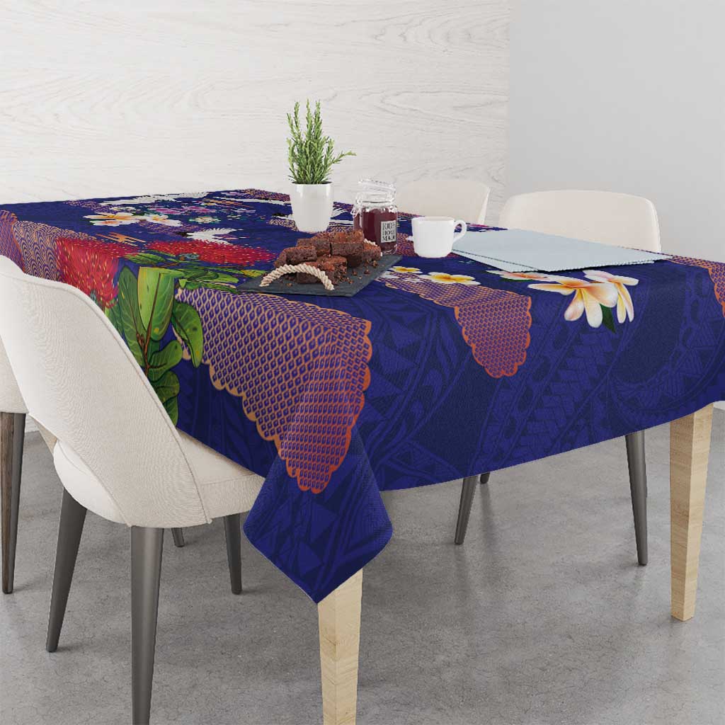Hawaiian and Japanese Culture Together Tablecloth Blue Ohia Lehua Plumeria and Sakura Blooming - Polynesian Pride