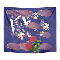 Hawaiian and Japanese Culture Together Tapestry Blue Ohia Lehua Plumeria and Sakura Blooming - Polynesian Pride