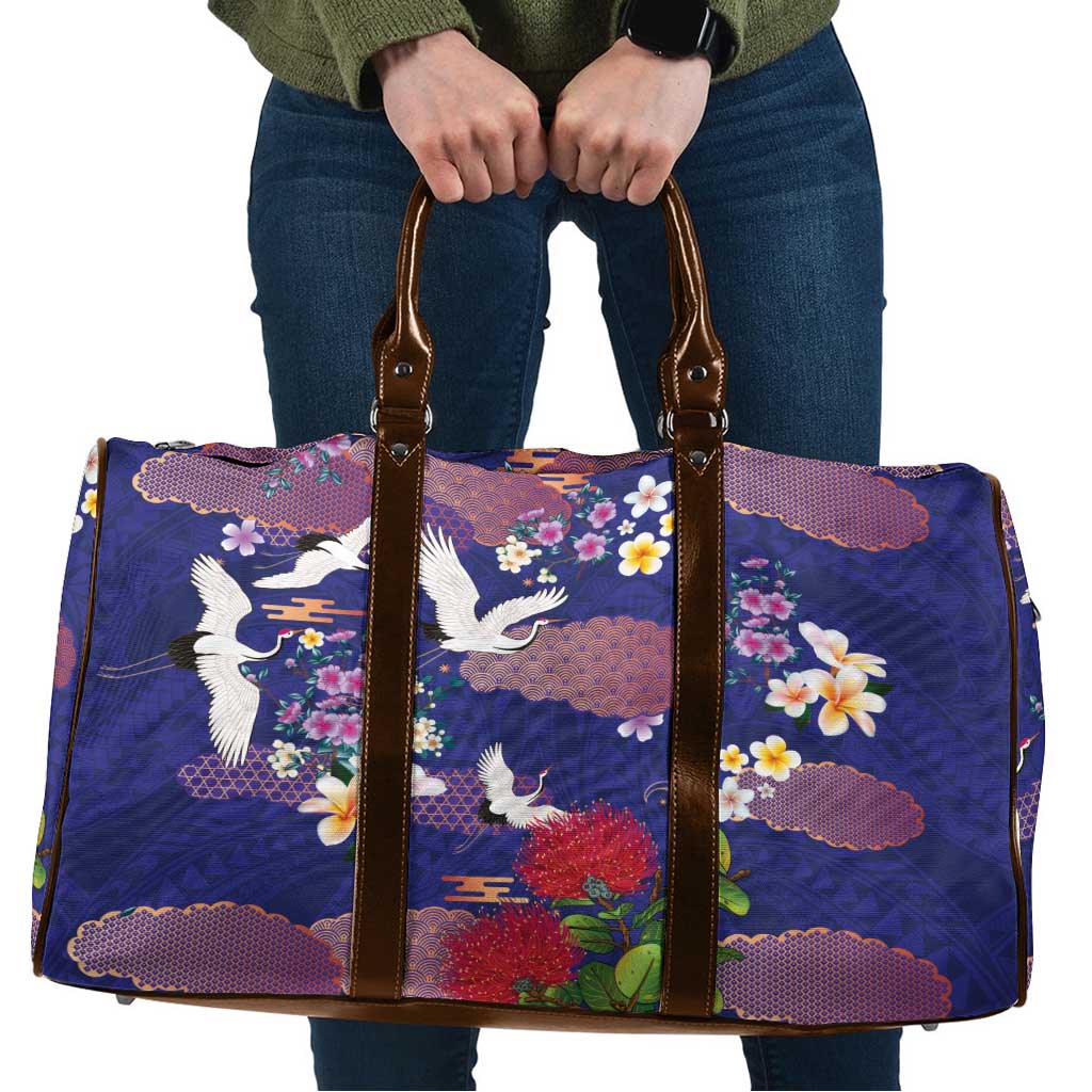 Hawaiian and Japanese Culture Together Travel Bag Blue Ohia Lehua Plumeria and Sakura Blooming - Polynesian Pride