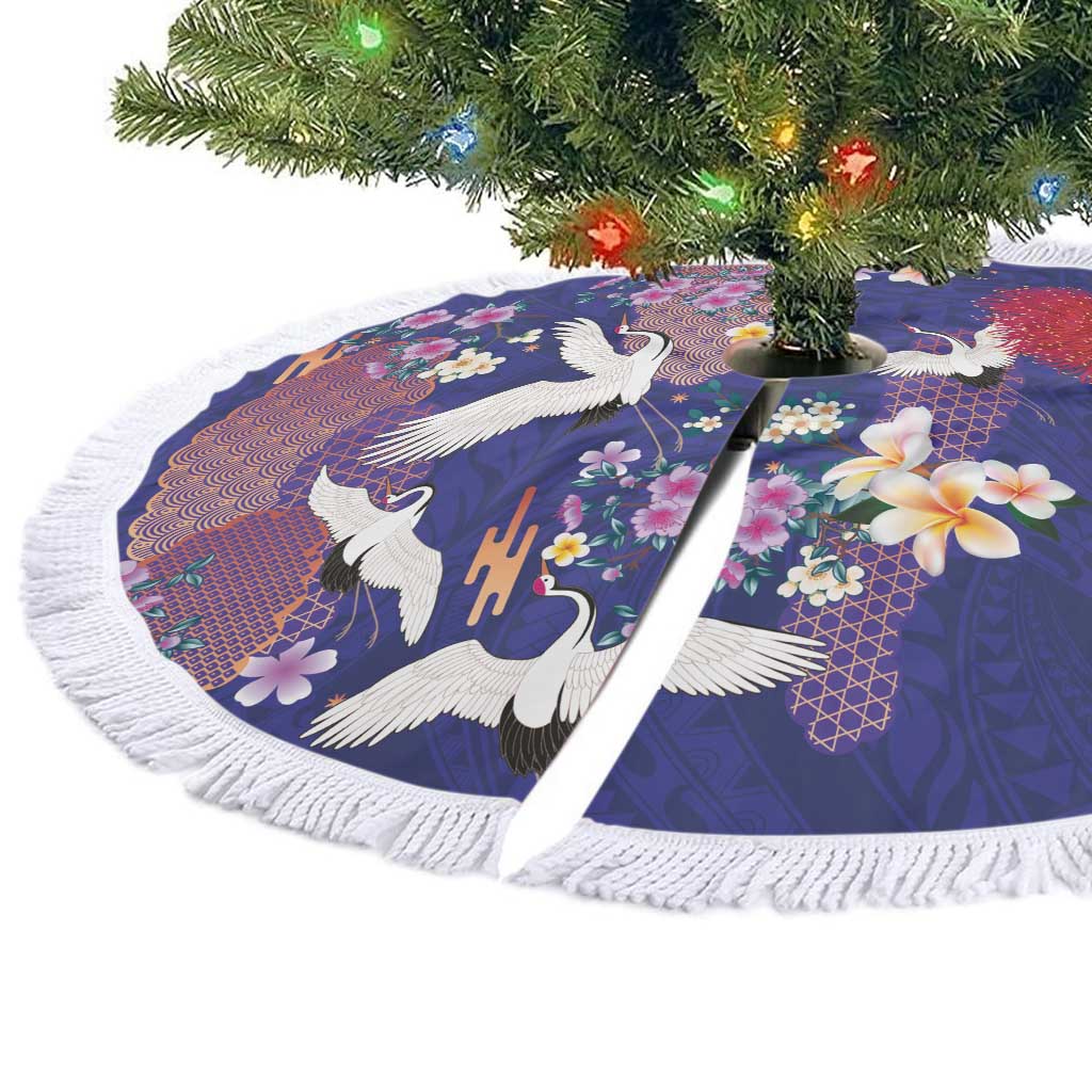 Hawaiian and Japanese Culture Together Tree Skirt Blue Ohia Lehua Plumeria and Sakura Blooming - Polynesian Pride