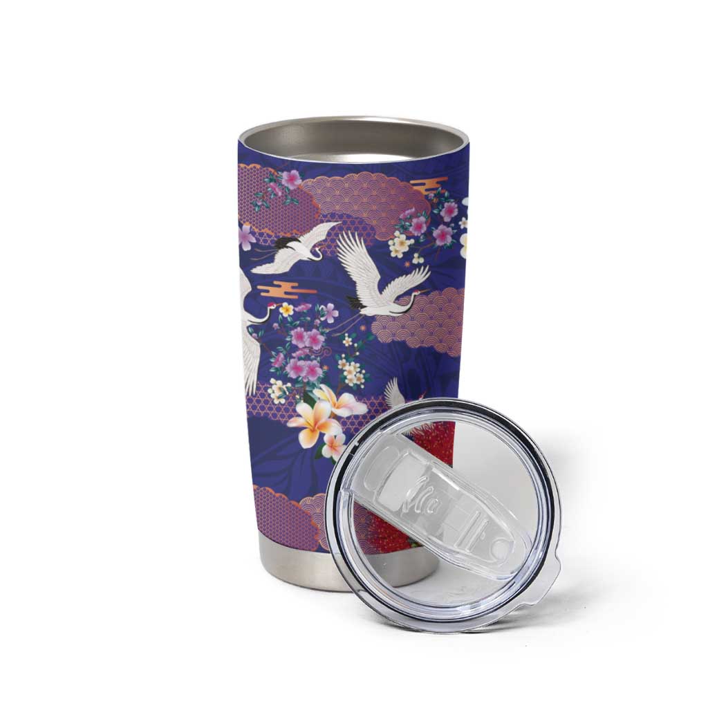Hawaiian and Japanese Culture Together Tumbler Cup Blue Ohia Lehua Plumeria and Sakura Blooming - Polynesian Pride