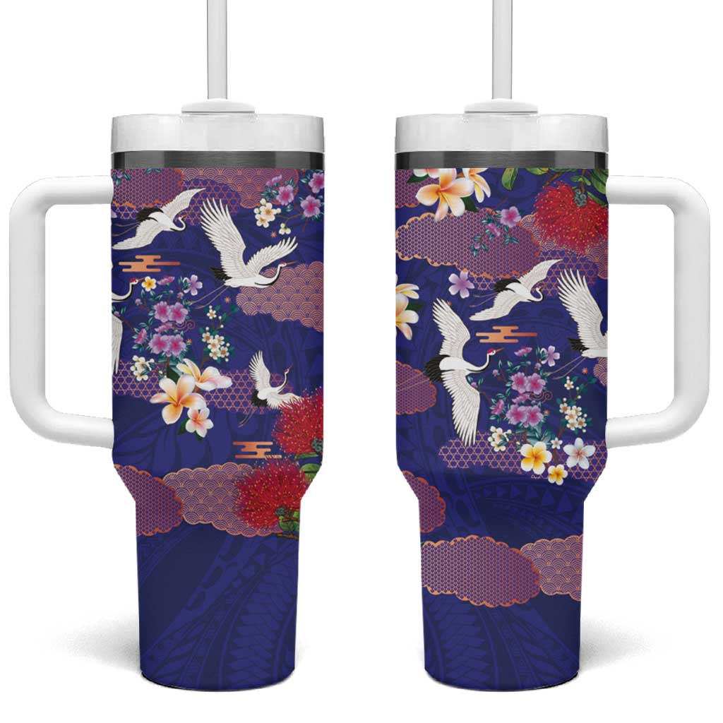 Hawaiian and Japanese Culture Together Tumbler With Handle Blue Ohia Lehua Plumeria and Sakura Blooming - Polynesian Pride