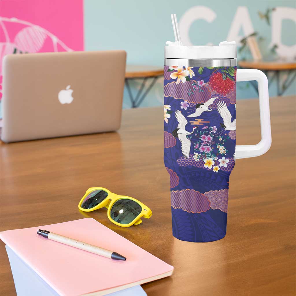 Hawaiian and Japanese Culture Together Tumbler With Handle Blue Ohia Lehua Plumeria and Sakura Blooming - Polynesian Pride