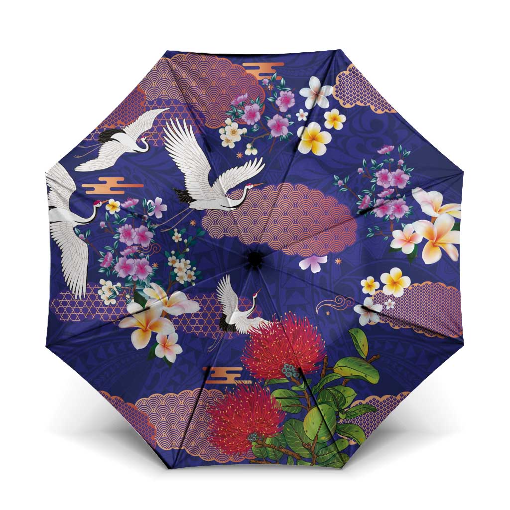 Hawaiian and Japanese Culture Together Umbrella Blue Ohia Lehua Plumeria and Sakura Blooming - Polynesian Pride